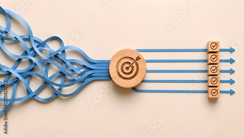 Conceptual design of tangled lines becoming organized straight arrows indicating strategic alignment and process simplification