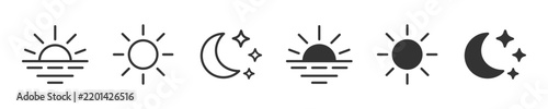 Weather and astronomy icon set with sunrise sunset sun moon and star symbols in outline and solid styles vector illustration