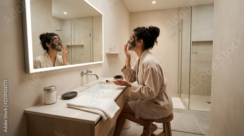 Young woman applying charcoal face mask in a modern bathroom mirror