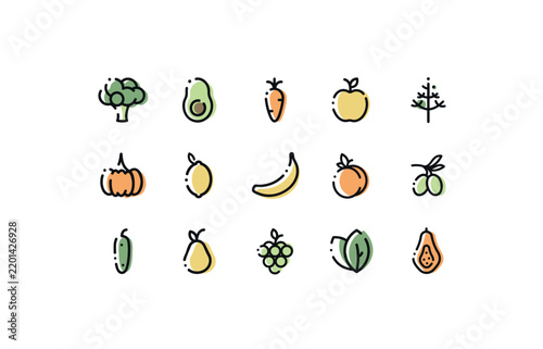 Healthy food line icons featuring fruit, vegetables, avocado, broccoli, carrot, apple and banana. Hand drawn vector set for nutrition apps, wellness, food packaging, menus and healthy eating concepts.