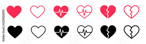 Heart icon set with love medical heartbeat electrocardiogram and broken heart symbols in red and black styles vector illustration