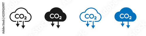 Carbon emissions reduction CO2 icon in outline and solid styles, environmental protection and eco-friendly vector illustration