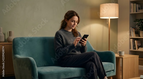 Young woman sitting on a comfortable blue sofa and browsing her smartphone at home