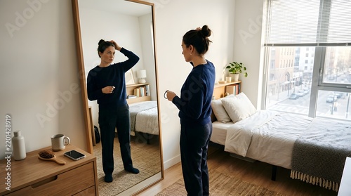 Young woman standing in bedroom looking at her reflection in tall mirror adjusting hair