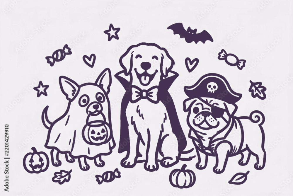 Fototapeta premium Cute Halloween Dogs in Costumes Line Art Illustration of Golden Retriever Pug and Chihuahua