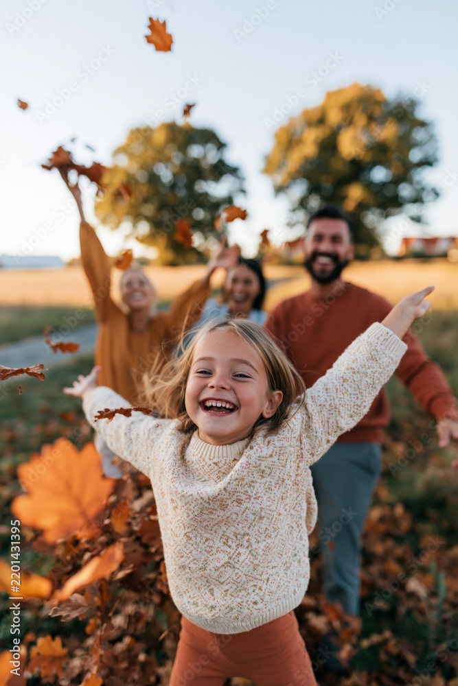 Obraz premium Joyful child in sweater running toward camera while family throws autumn leaves in a golden field on a sunny fall day