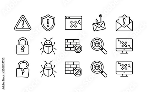 Cyber Warning Alerts, line icon set featuring warning triangle, shield alert, browser error, phishing hook symbol, suspicious envelope, broken lock, malware bug, exclamation mark, firewall brick,