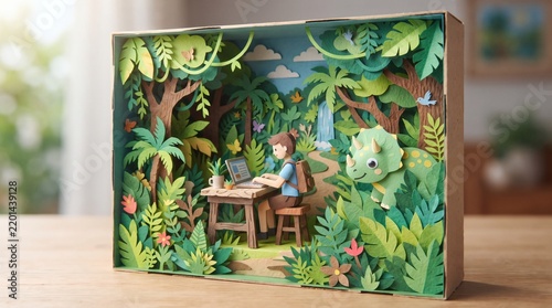 Paper cut diorama of a digital nomad working on a laptop in a jungle with a cute paper dinosaur.