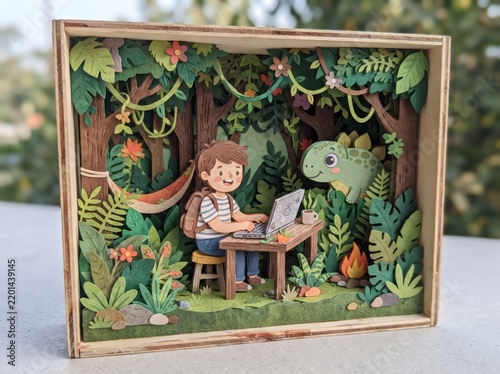 Digital nomad in jungle diorama with cute dinosaur, working on laptop surrounded by lush foliage.