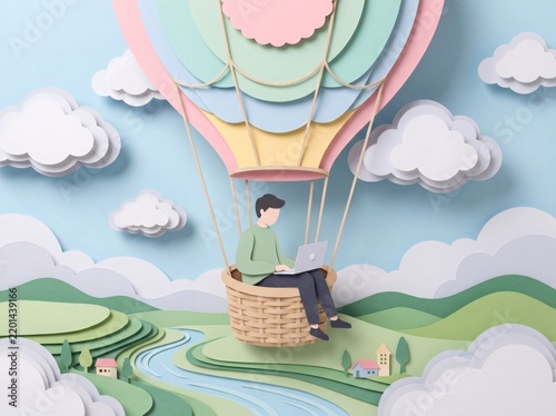 Digital nomad working on laptop in hot air balloon over scenic paper landscape