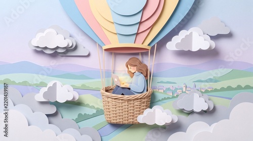 Digital nomad working on laptop in a hot air balloon with papercut landscape and clouds.