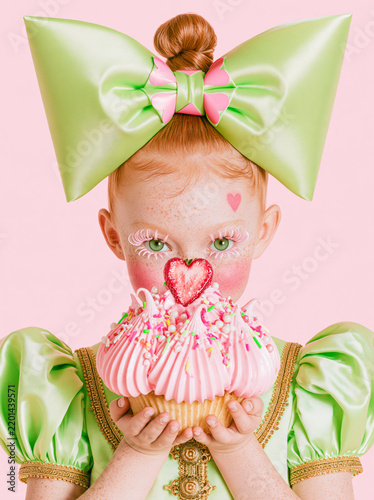 Girl with Green Bow Holding a Large Cupcake with Pink Frosting and Sprinkles