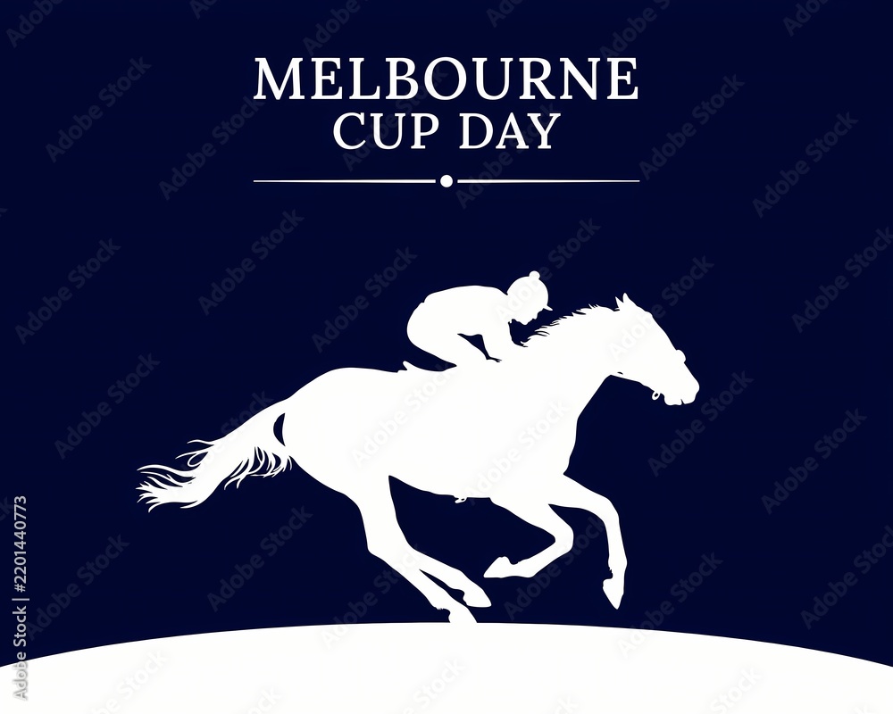 Obraz premium Melbourne cup day horse racing event graphic with jockey riding a fast running horse silhouette