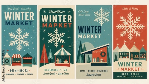 Retro winter market poster set with snowflakes festive stalls gifts and Christmas holiday fair design