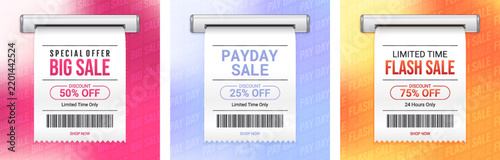 Big Sale, Payday Sale and Flash Sale Receipt Banner Bundle, Discount Promotion Templates with Barcode, Limited Time Offer and Shopping Sale Labels for Retail Marketing