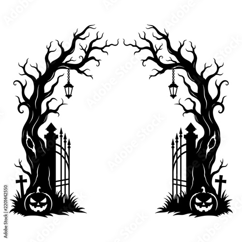 Halloween Haunted Graveyard Gate Vector Frame with Twisted Dead Trees, Iron Fence, Lanterns, Crosses and Jack O Lanterns, Gothic Cemetery Border for Spooky Background Design