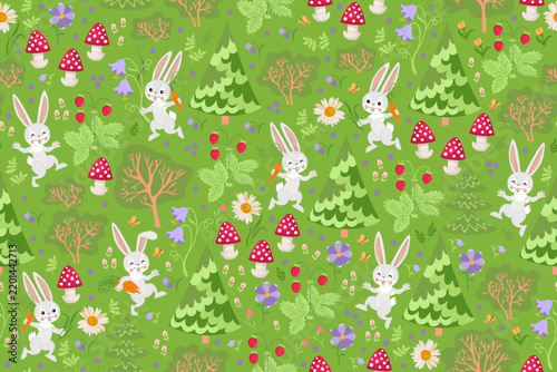 Cute bunnies in summer forest. Seamless pattern with rabbits, trees, flowers, mushrooms and strawberry bushes.
