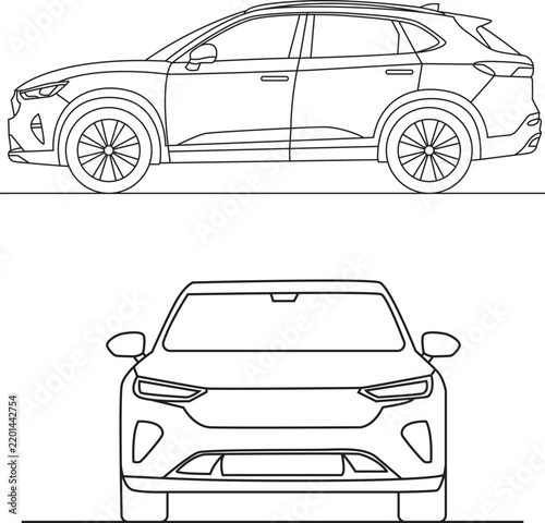 SUV Car Side and Front View Line Drawing Illustration