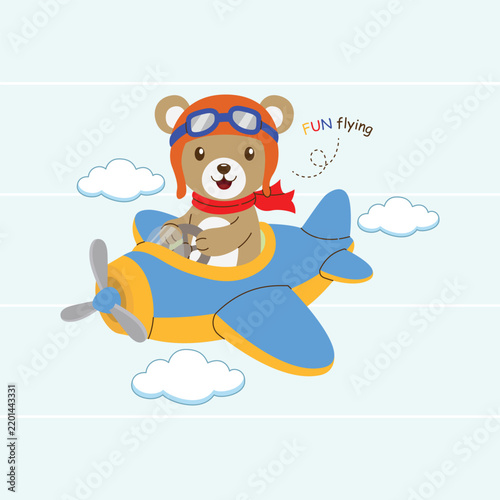 Cute Bear Flying Airplane with Aviator Goggles Illustration. Usable for T shirt design