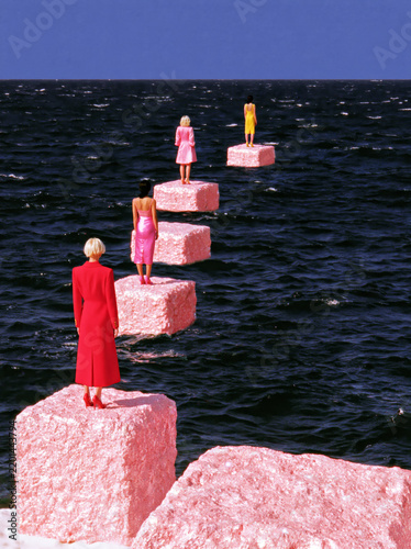 Women in Colorful Dresses Walking on Pink Blocks Over Water