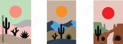 Three abstract desert landscapes with cacti and colorful sun shapes