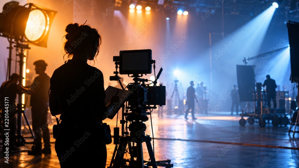Fototapeta premium A woman operates a cinema camera on set. Her top bun creates a clear silhouette against production lights. Behind-the-scenes filmmaking shows creative teamwork and television production.