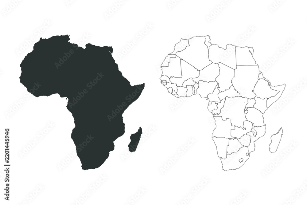 Fototapeta premium Africa map silhouette and thin black country outline vector set isolated on white background
