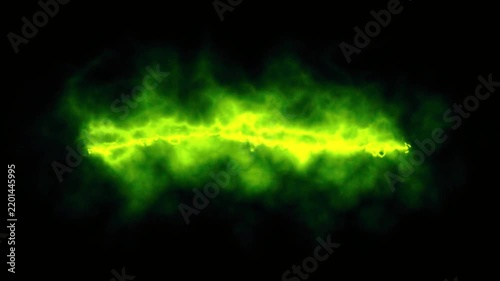 Green energy beam with glowing particles in dark background