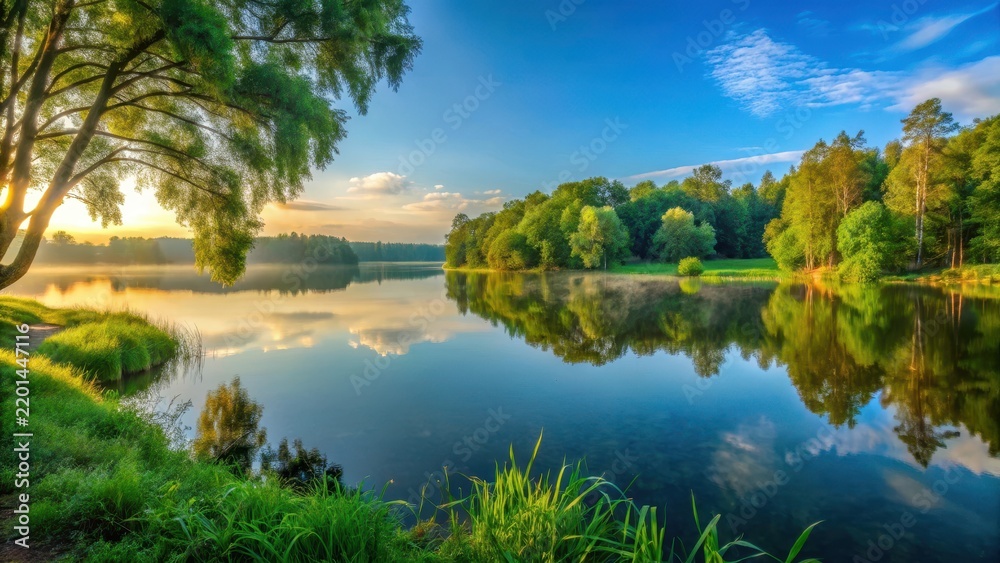 Fototapeta premium Panoramic view of a serene lake shore with lush greenery and trees surrounding a calm lake surface at dawn , panoramic, lake