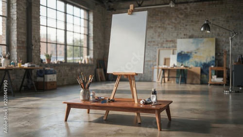 Wooden easel displaying blank canvas ready for painting, perfect for artist workshops, craft projects, and contemporary art gallery mockups