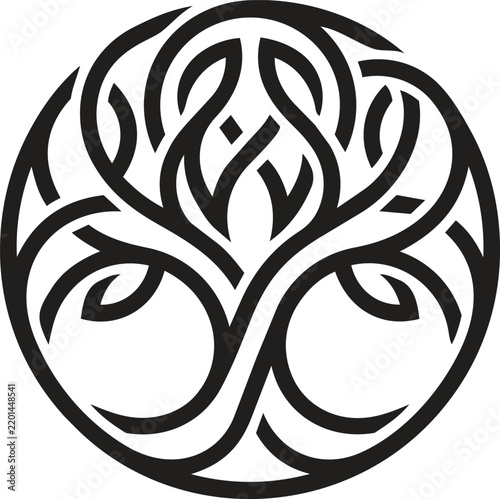 Circular Celtic tree of life knot emblem in intricate black line art style depicting pagan nature spirituality and ancient symbolism.