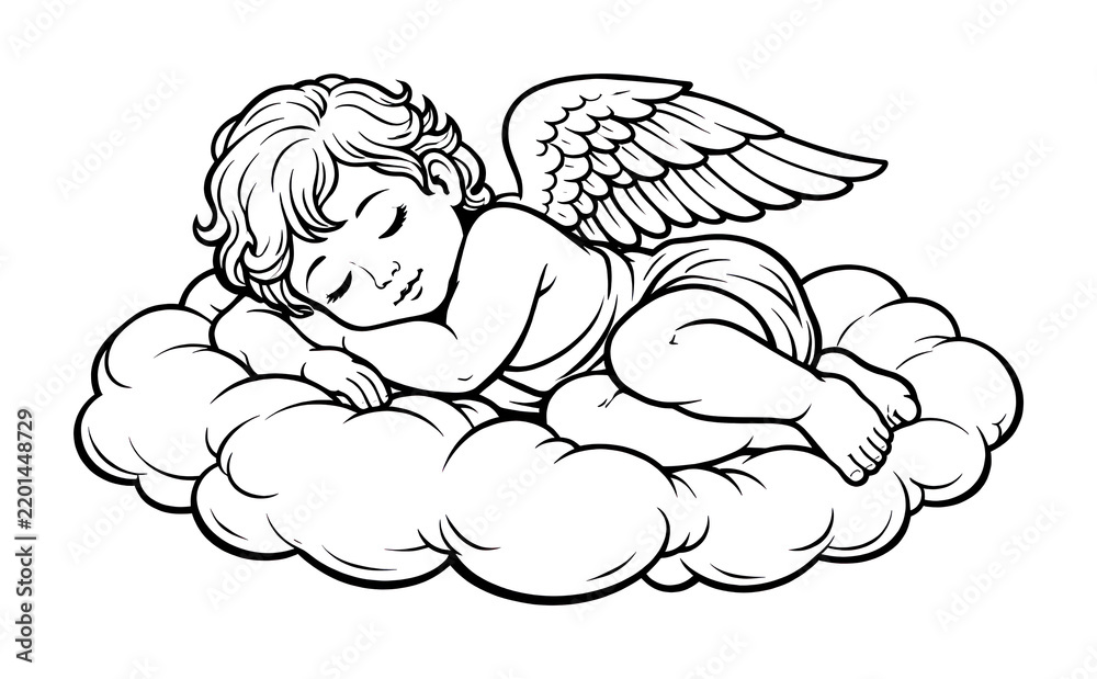 Obraz premium PNG Sleeping cherub on fluffy cloud.