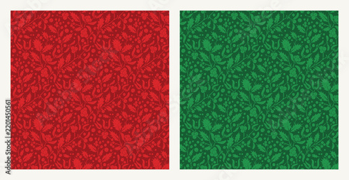 Christmas Holly and Mistletoe Seamless Pattern Collection in Red and Green