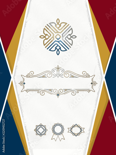 Decorative vintage frame with ornamental elements and certificates