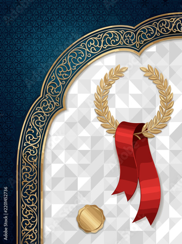 Elegant diploma template with gold laurel wreath and red ribbon