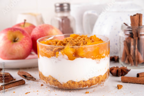 No Bake Apple Pie in a Jar, Layered Pumpkin parfait Dessert with crumbled cinnamon graham crackers, whipped creamy cheesecake, spiced Apple jam