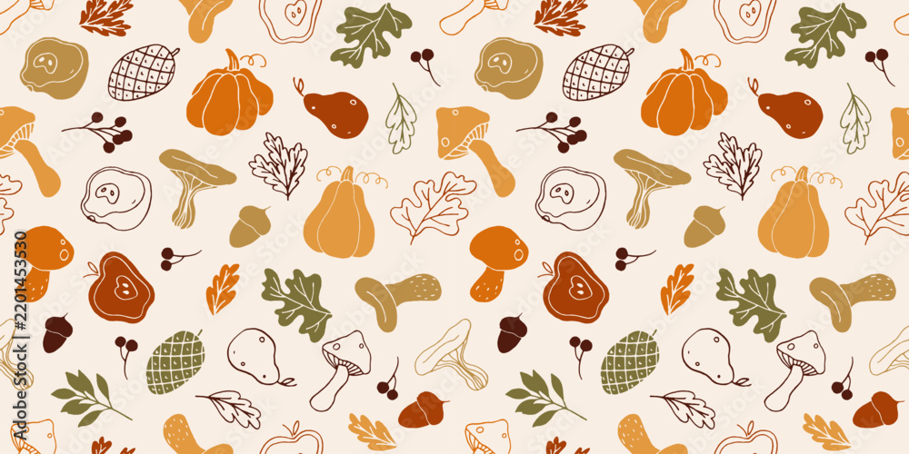Obraz premium Seamless pattern. Hand drawn Craft style mushrooms, autumn food. Kitchen menu design elements. Black fungus, apples, pumpkin, leaves silhouettes. Endless, repeat forest nature background, wallpaper.