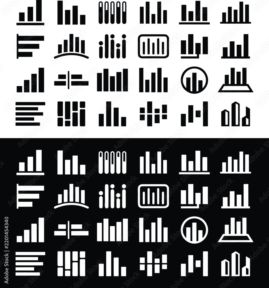Obraz premium Minimalist bar chart icon set, black and white data visualization symbols, vector graphic infograph elements for business dashboards