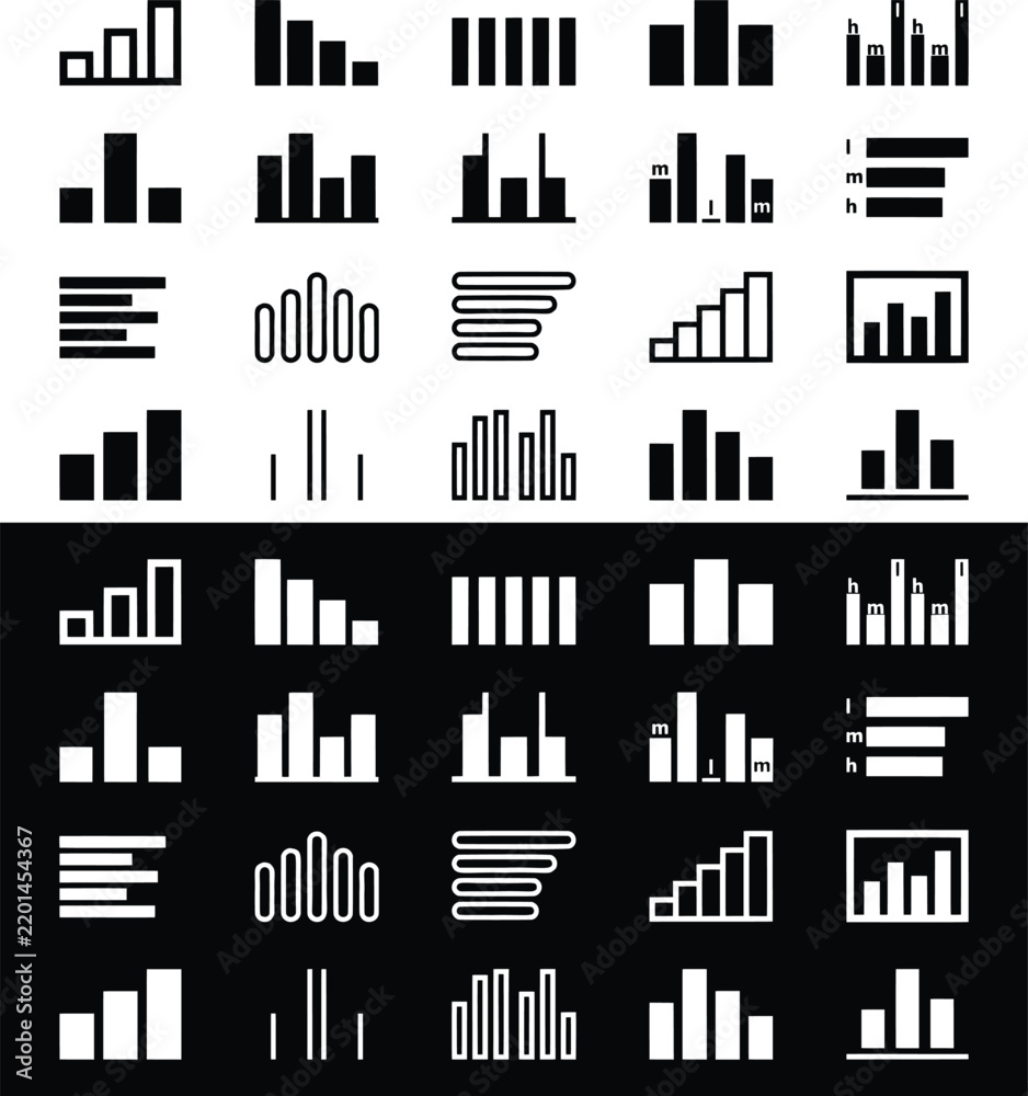 Fototapeta premium Minimalist bar chart icons, 40 vector graph symbols for data visualization, black and white business infographic elements, professional analytics set