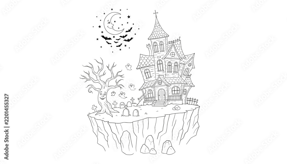 Obraz premium Halloween scene featuring a haunted mansion perched on a cliff edge with ghosts bats and tombstones provides a fun coloring experience.