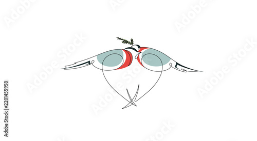 Romantic vector illustration of two bullfinches whose wings form a minimalist heart, symbolizing love, affection and togetherness. Hand drawn vector. Christmas and New Year celebration concept.