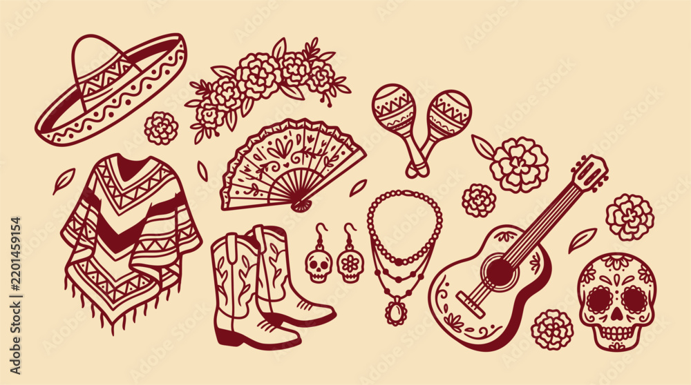 Fototapeta premium Hand drawn set of traditional mexican cultural elements for a creative dia de los muertos icon vector bundle illustration