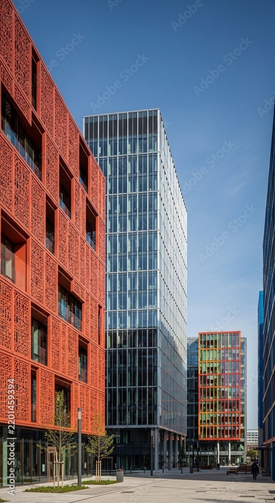 Fototapeta premium Modern Urban Architecture with Red Patterned Facade and Glass Skyscraper ideal for real estate marketing and urban development projects.