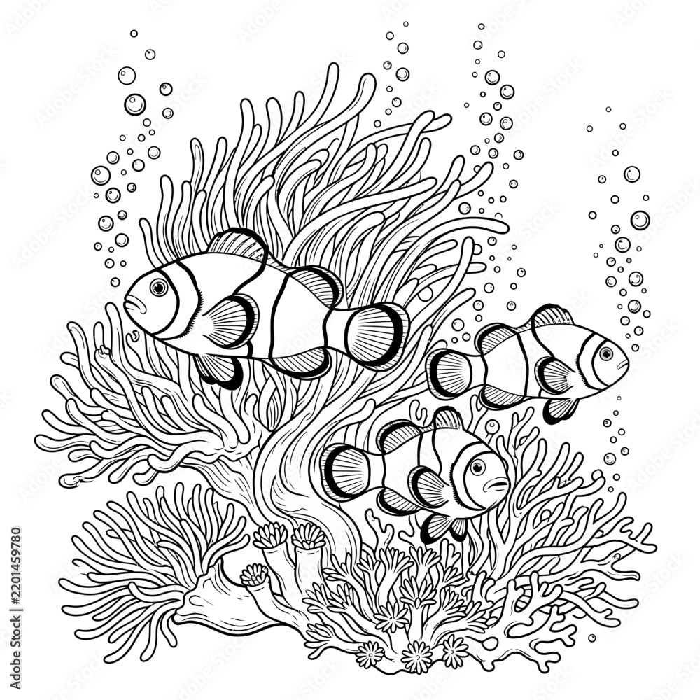 Fototapeta premium Clownfish Swimming in Anemone Underwater Scene - Black and White Illustration