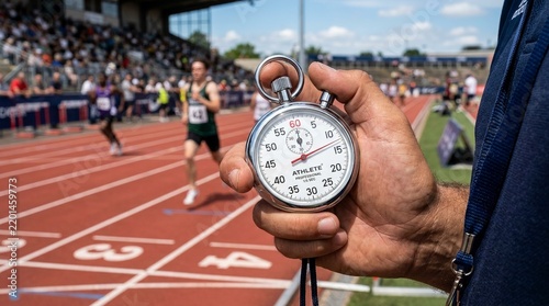 Official holding analog stopwatch at track and field race competition