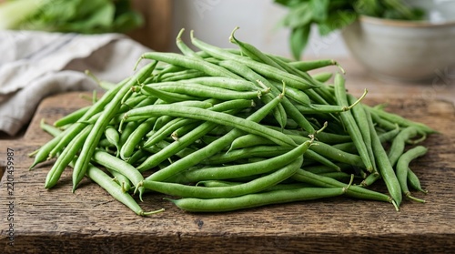 Pile of fresh green beans on a rustic wooden cutting board