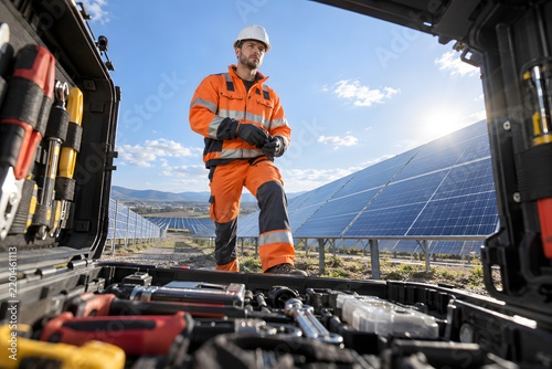 Maintenance toolbox frames a technician inside a utility-scale solar farm.