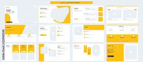 Clean business presentation layout slide deck template featuring yellow and white branding elements and modern typography