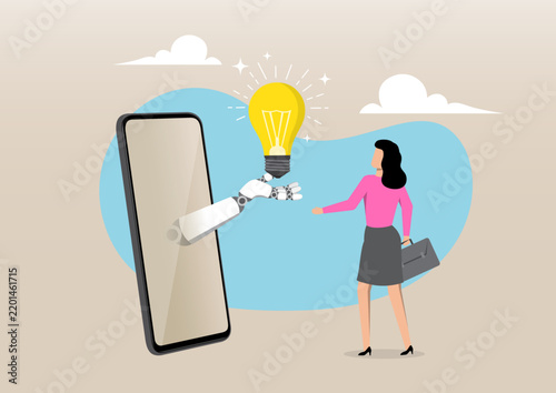 Businesswoman Receiving Idea Light Bulb from Robotic Hand on Smartphone