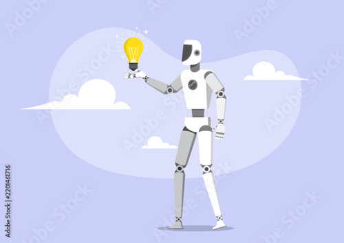 Humanoid Robot Holding Glowing Light Bulb